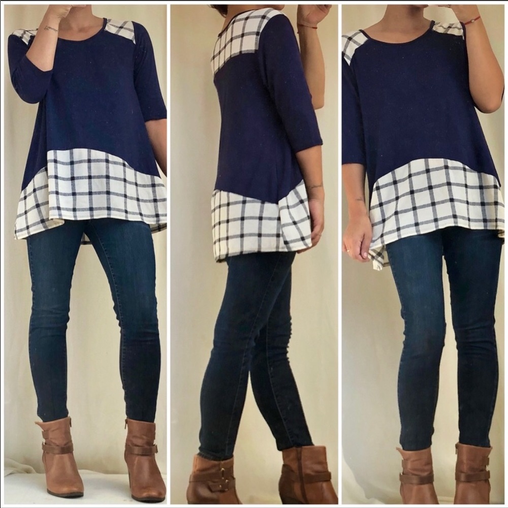 Navy Block Checkered Top